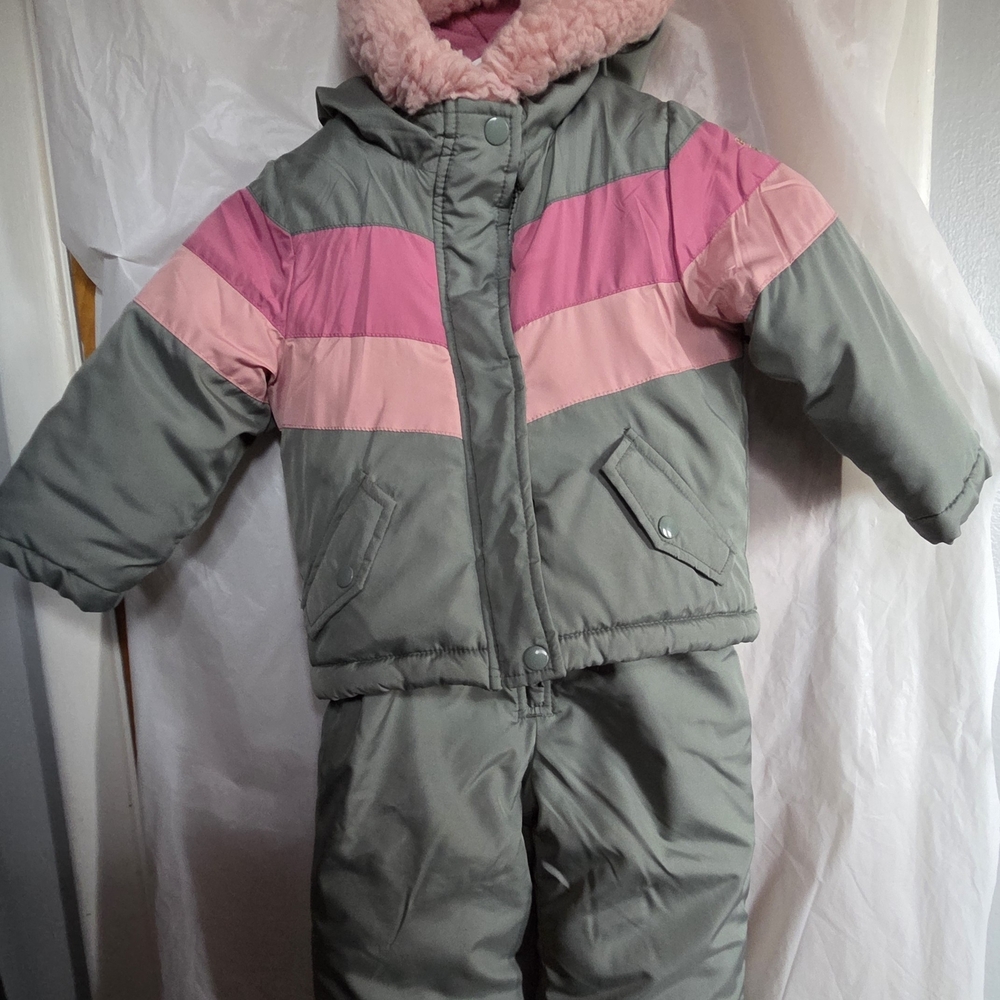 OshKosh B'gosh Gray and Pink Winter Coat And Matching Snowpants Bibs Set